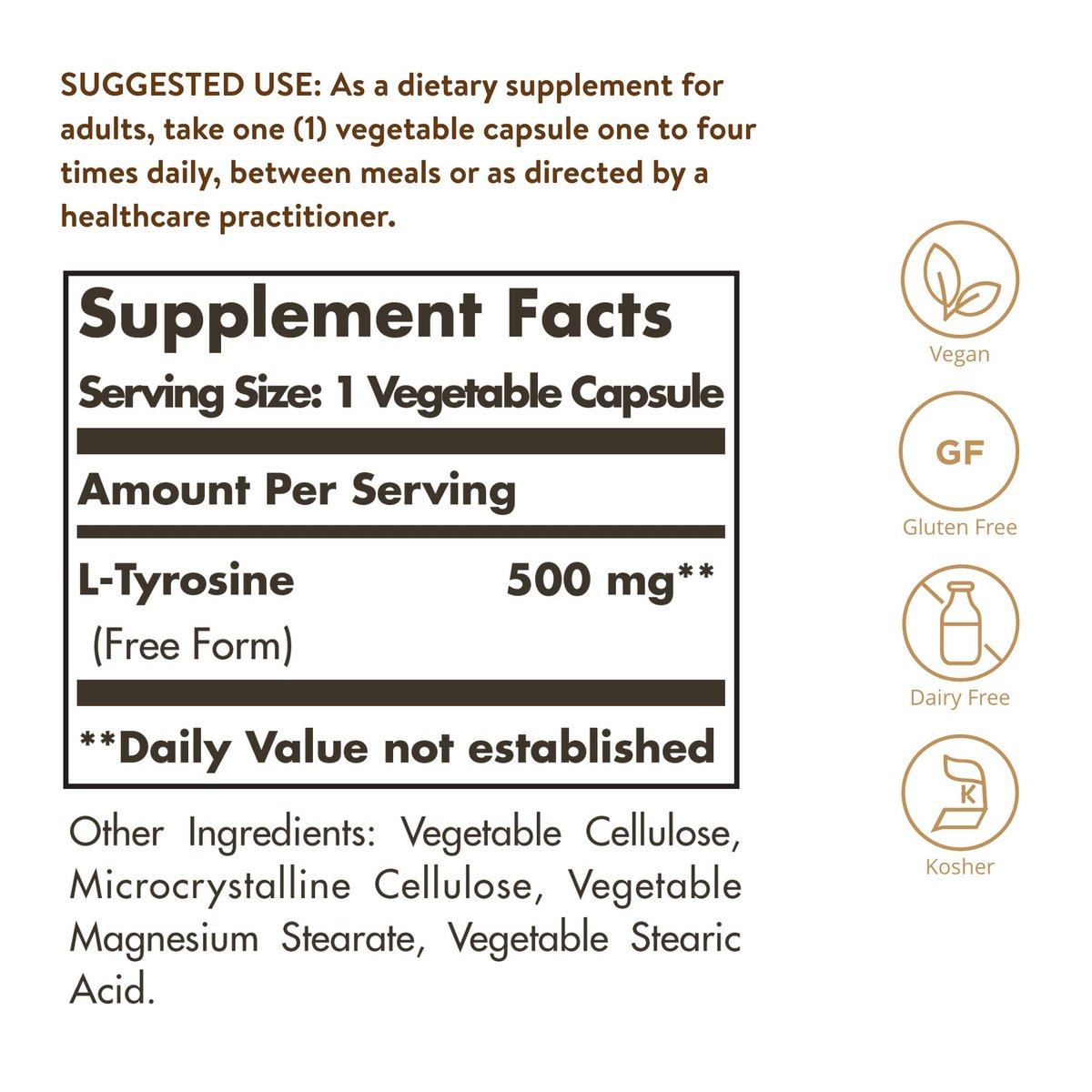 Solgar L-Tyrosin 500 mg, 100 pflanzliche Kapseln – Unterstützung für Gehirn & Nervensystem – Vegan, glutenfrei, laktosefrei, koscher – 100 Portionen, Standardverpackung