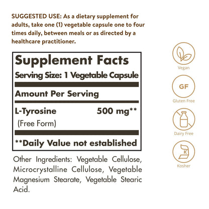 Solgar L-Tyrosin 500 mg, 100 pflanzliche Kapseln – Unterstützung für Gehirn & Nervensystem – Vegan, glutenfrei, laktosefrei, koscher – 100 Portionen, Standardverpackung