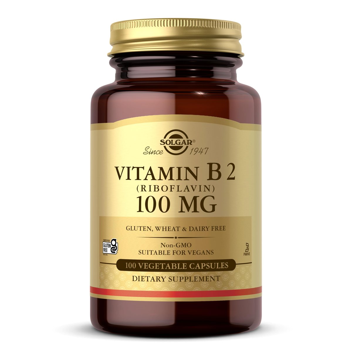 Solgar Vitamin B2 (Riboflavin) 100 mg – 100 vegane Kapseln für Energiestoffwechsel & Nervensystem – Nicht-GVO, glutenfrei, laktosefrei, koscher