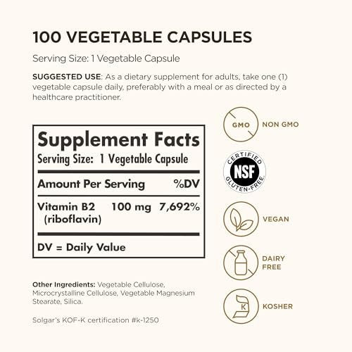 Solgar Vitamin B2 (Riboflavin) 100 mg – 100 vegane Kapseln für Energiestoffwechsel & Nervensystem – Nicht-GVO, glutenfrei, laktosefrei, koscher