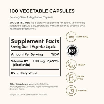Solgar Vitamin B2 (Riboflavin) 100 mg – 100 vegane Kapseln für Energiestoffwechsel & Nervensystem – Nicht-GVO, glutenfrei, laktosefrei, koscher