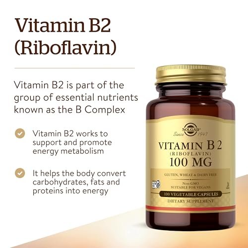 Solgar Vitamin B2 (Riboflavin) 100 mg – 100 vegane Kapseln für Energiestoffwechsel & Nervensystem – Nicht-GVO, glutenfrei, laktosefrei, koscher