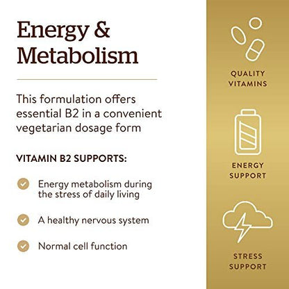 Solgar Vitamin B2 (Riboflavin) 100 mg – 100 vegane Kapseln für Energiestoffwechsel & Nervensystem – Nicht-GVO, glutenfrei, laktosefrei, koscher