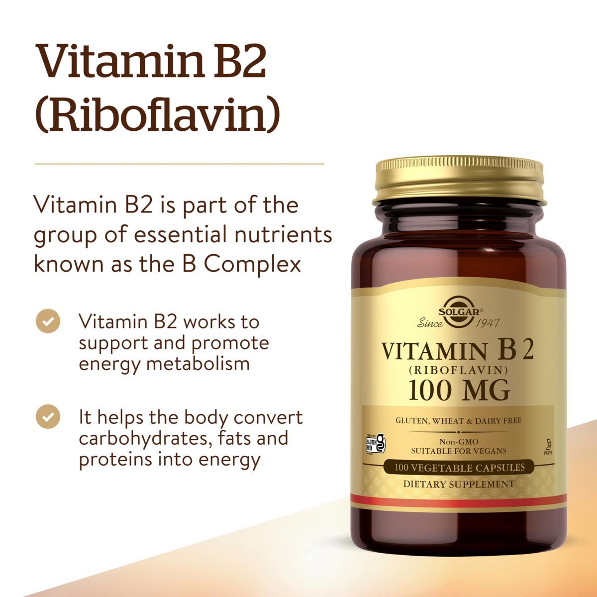 Solgar Vitamin B2 (Riboflavin) 100 mg – 100 vegane Kapseln für Energiestoffwechsel & Nervensystem – Nicht-GVO, glutenfrei, laktosefrei, koscher