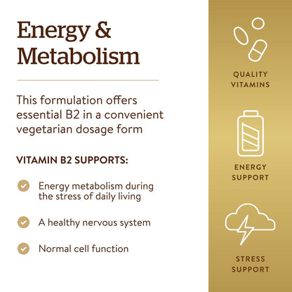 Solgar Vitamin B2 (Riboflavin) 100 mg – 100 vegane Kapseln für Energiestoffwechsel & Nervensystem – Nicht-GVO, glutenfrei, laktosefrei, koscher