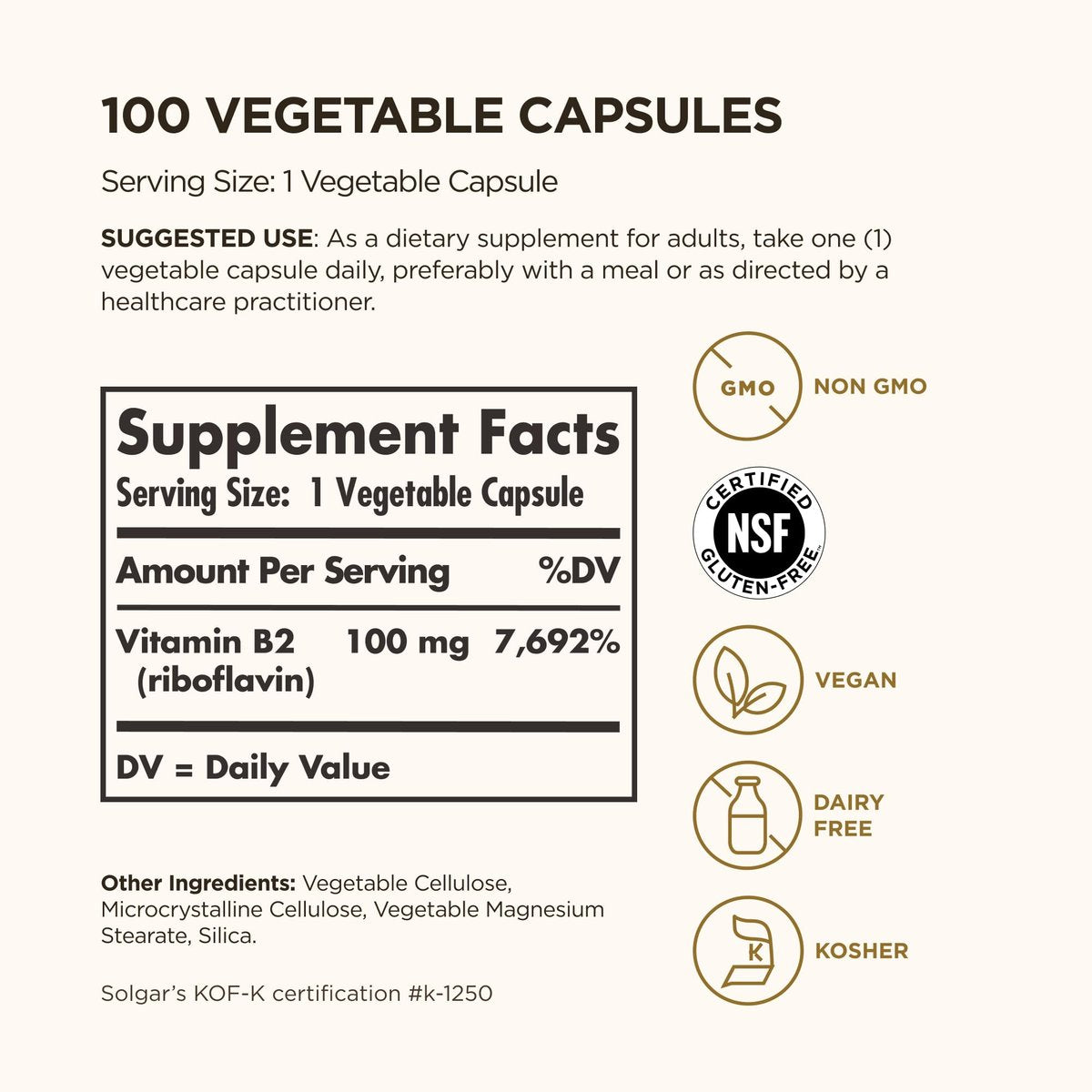 Solgar Vitamin B2 (Riboflavin) 100 mg – 100 vegane Kapseln für Energiestoffwechsel & Nervensystem – Nicht-GVO, glutenfrei, laktosefrei, koscher