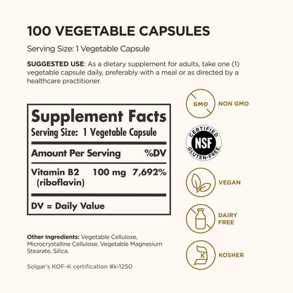 Solgar Vitamin B2 (Riboflavin) 100 mg – 100 vegane Kapseln für Energiestoffwechsel & Nervensystem – Nicht-GVO, glutenfrei, laktosefrei, koscher