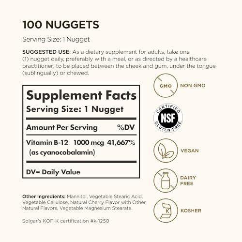 Solgar Vitamin B12 1000 mcg, 100 Nuggets – Energie, Nervensystem & Herz-Kreislauf – Nicht-GMO, Glutenfrei, Koscher