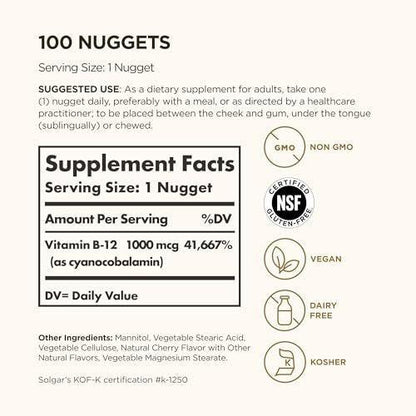 Solgar Vitamin B12 1000 mcg, 100 Nuggets – Energie, Nervensystem & Herz-Kreislauf – Nicht-GMO, Glutenfrei, Koscher