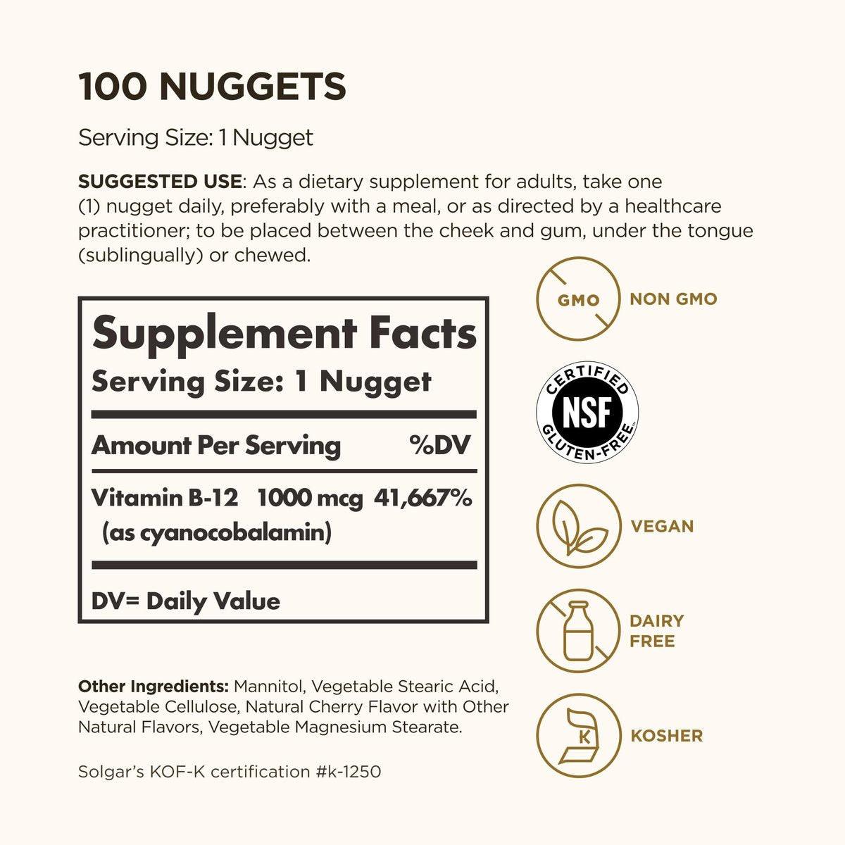 Solgar Vitamin B12 1000 mcg, 100 Nuggets – Energie, Nervensystem & Herz-Kreislauf – Nicht-GMO, Glutenfrei, Koscher
