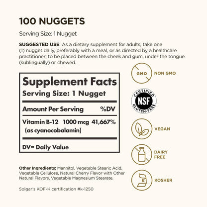 Solgar Vitamin B12 1000 mcg, 100 Nuggets – Energie, Nervensystem & Herz-Kreislauf – Nicht-GMO, Glutenfrei, Koscher