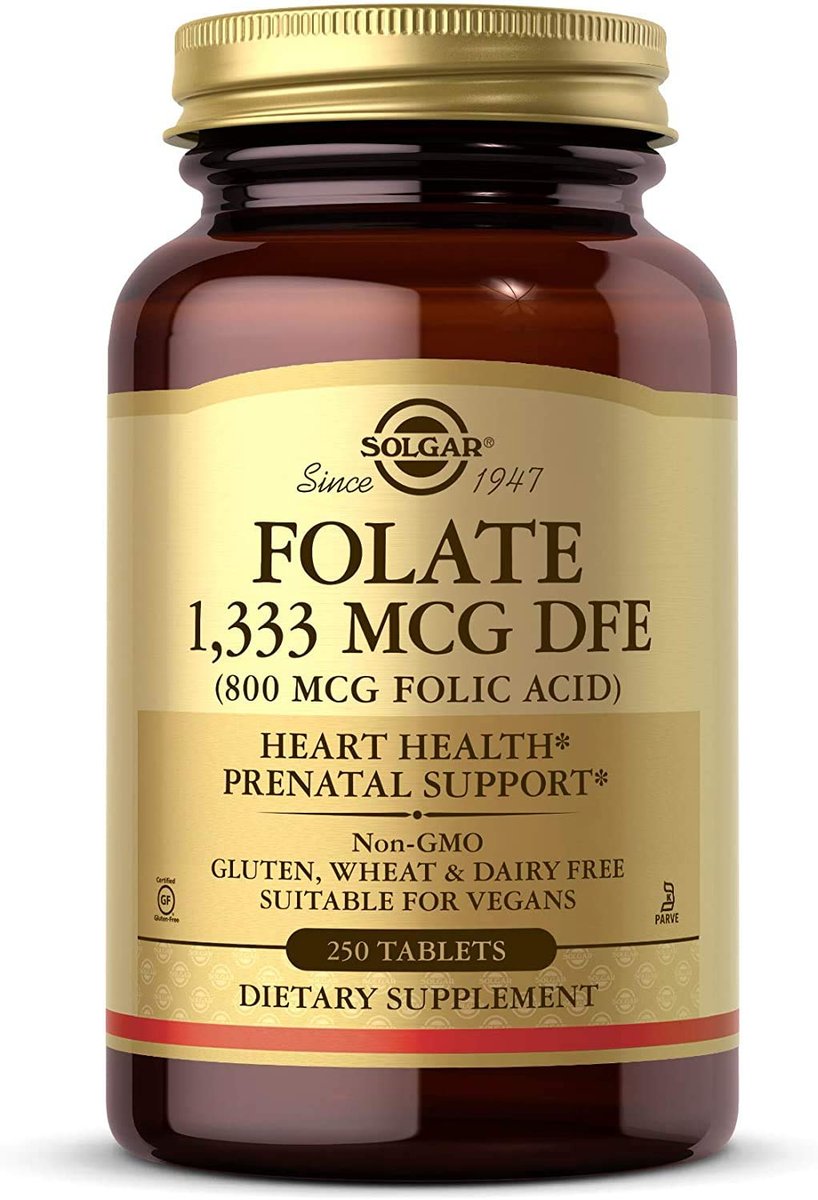 Solgar Folat 1.333 µg Nahrungsfolat-Äquivalent (800 µg Folsäure), 250 Tabletten - Herzgesundheit, Gesundes Nervensystem, Schwangerschaftsvorsorge - Nicht-GMO, Vegan, Glutenfrei, Laktosefrei - 250 Portionen