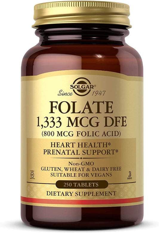 Solgar Folat 1.333 µg Nahrungsfolat-Äquivalent (800 µg Folsäure), 250 Tabletten - Herzgesundheit, Gesundes Nervensystem, Schwangerschaftsvorsorge - Nicht-GMO, Vegan, Glutenfrei, Laktosefrei - 250 Portionen