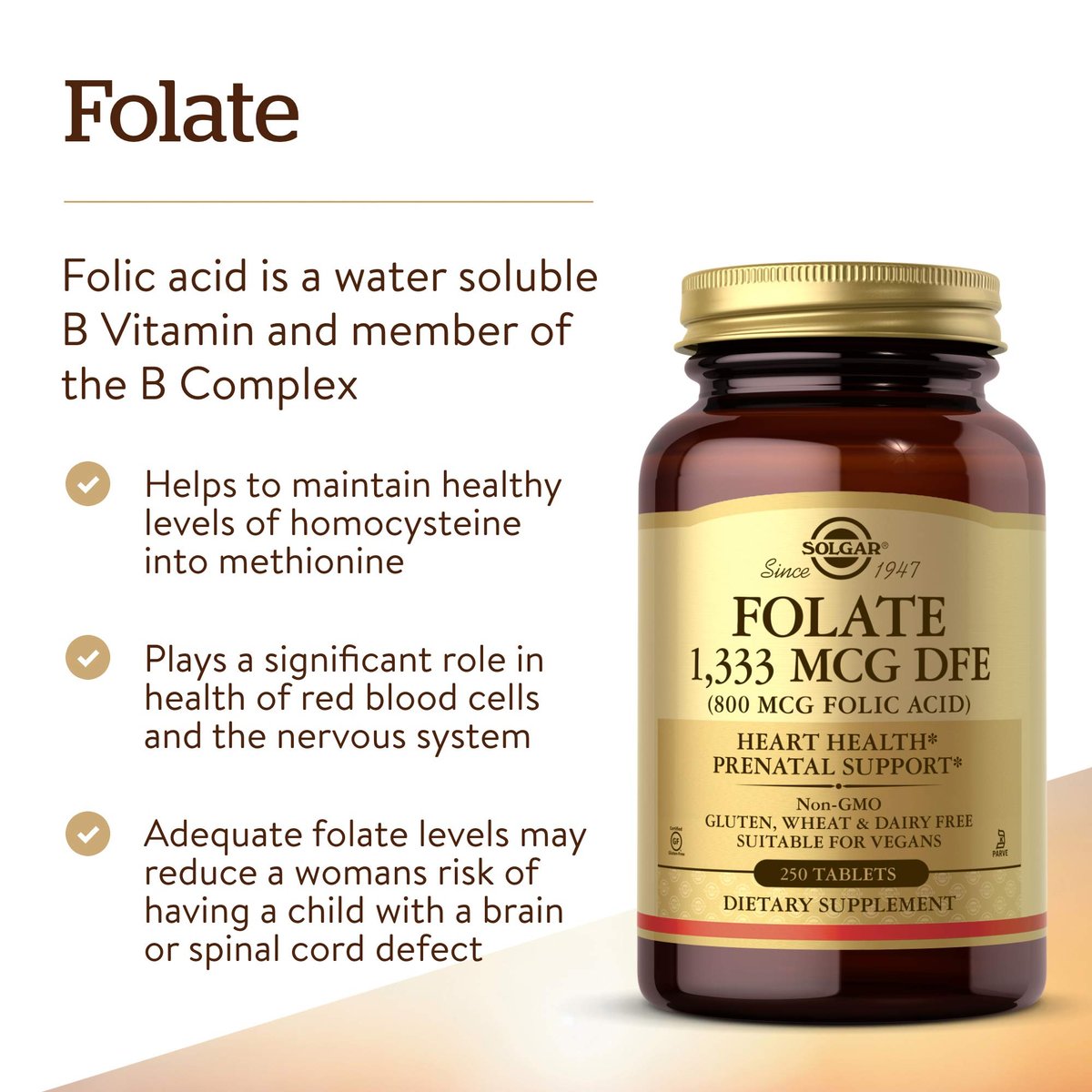 Solgar Folat 1.333 µg Nahrungsfolat-Äquivalent (800 µg Folsäure), 250 Tabletten - Herzgesundheit, Gesundes Nervensystem, Schwangerschaftsvorsorge - Nicht-GMO, Vegan, Glutenfrei, Laktosefrei - 250 Portionen