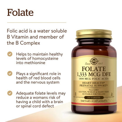 Solgar Folat 1.333 µg Nahrungsfolat-Äquivalent (800 µg Folsäure), 250 Tabletten - Herzgesundheit, Gesundes Nervensystem, Schwangerschaftsvorsorge - Nicht-GMO, Vegan, Glutenfrei, Laktosefrei - 250 Portionen