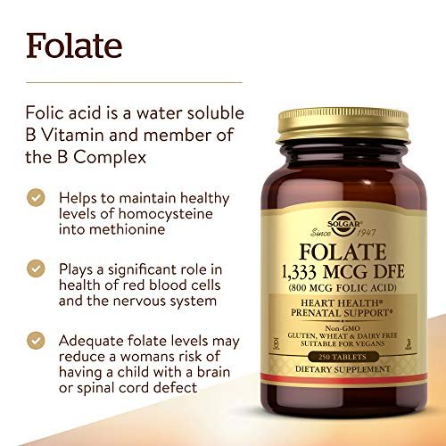 Solgar Folat 1.333 µg Nahrungsfolat-Äquivalent (800 µg Folsäure), 250 Tabletten - Herzgesundheit, Gesundes Nervensystem, Schwangerschaftsvorsorge - Nicht-GMO, Vegan, Glutenfrei, Laktosefrei - 250 Portionen