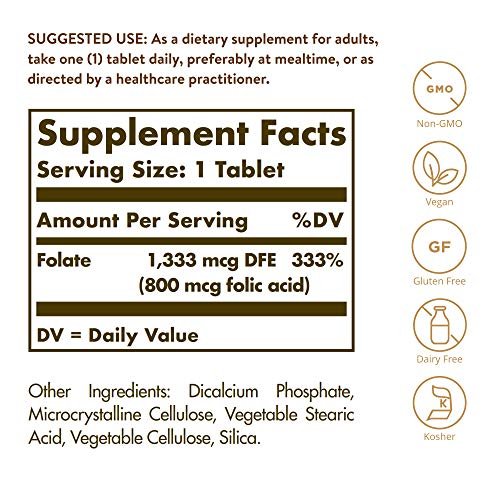 Solgar Folat 1.333 µg Nahrungsfolat-Äquivalent (800 µg Folsäure), 250 Tabletten - Herzgesundheit, Gesundes Nervensystem, Schwangerschaftsvorsorge - Nicht-GMO, Vegan, Glutenfrei, Laktosefrei - 250 Portionen