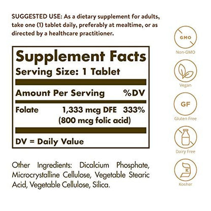 Solgar Folat 1.333 µg Nahrungsfolat-Äquivalent (800 µg Folsäure), 250 Tabletten - Herzgesundheit, Gesundes Nervensystem, Schwangerschaftsvorsorge - Nicht-GMO, Vegan, Glutenfrei, Laktosefrei - 250 Portionen