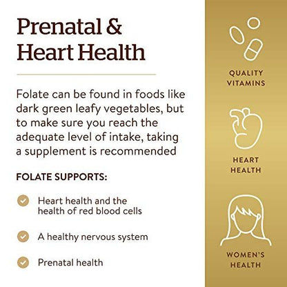 Solgar Folat 1.333 µg Nahrungsfolat-Äquivalent (800 µg Folsäure), 250 Tabletten - Herzgesundheit, Gesundes Nervensystem, Schwangerschaftsvorsorge - Nicht-GMO, Vegan, Glutenfrei, Laktosefrei - 250 Portionen