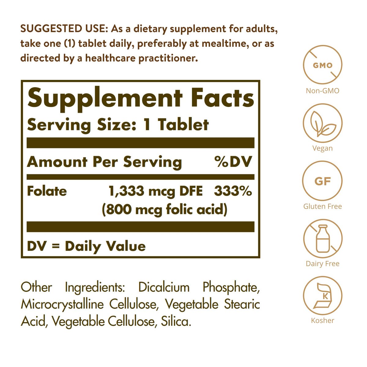 Solgar Folat 1.333 µg Nahrungsfolat-Äquivalent (800 µg Folsäure), 250 Tabletten - Herzgesundheit, Gesundes Nervensystem, Schwangerschaftsvorsorge - Nicht-GMO, Vegan, Glutenfrei, Laktosefrei - 250 Portionen