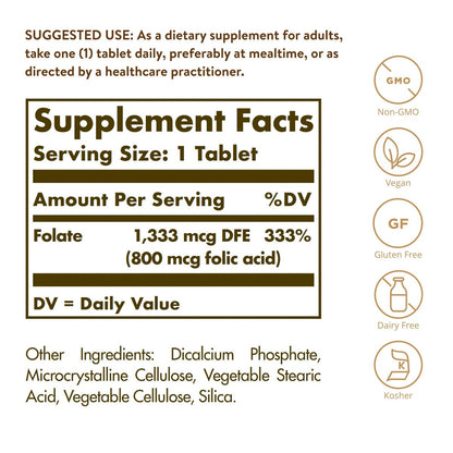 Solgar Folat 1.333 µg Nahrungsfolat-Äquivalent (800 µg Folsäure), 250 Tabletten - Herzgesundheit, Gesundes Nervensystem, Schwangerschaftsvorsorge - Nicht-GMO, Vegan, Glutenfrei, Laktosefrei - 250 Portionen