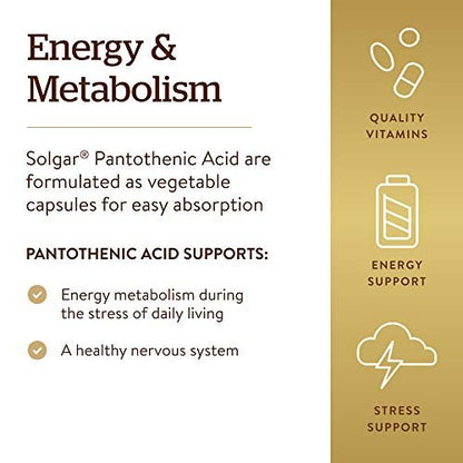 Solgar Pantothensäure 550 mg – Vitamin B5 Kapseln für Energiestoffwechsel und Nervensystem, 100 Stück, glutenfrei, laktosefrei, koscher
