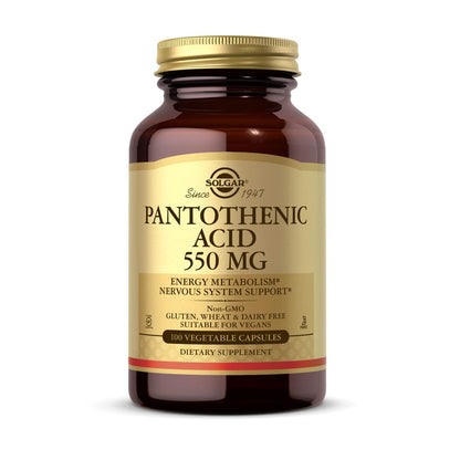 Solgar Pantothensäure 550 mg – Vitamin B5 Kapseln für Energiestoffwechsel und Nervensystem, 100 Stück, glutenfrei, laktosefrei, koscher