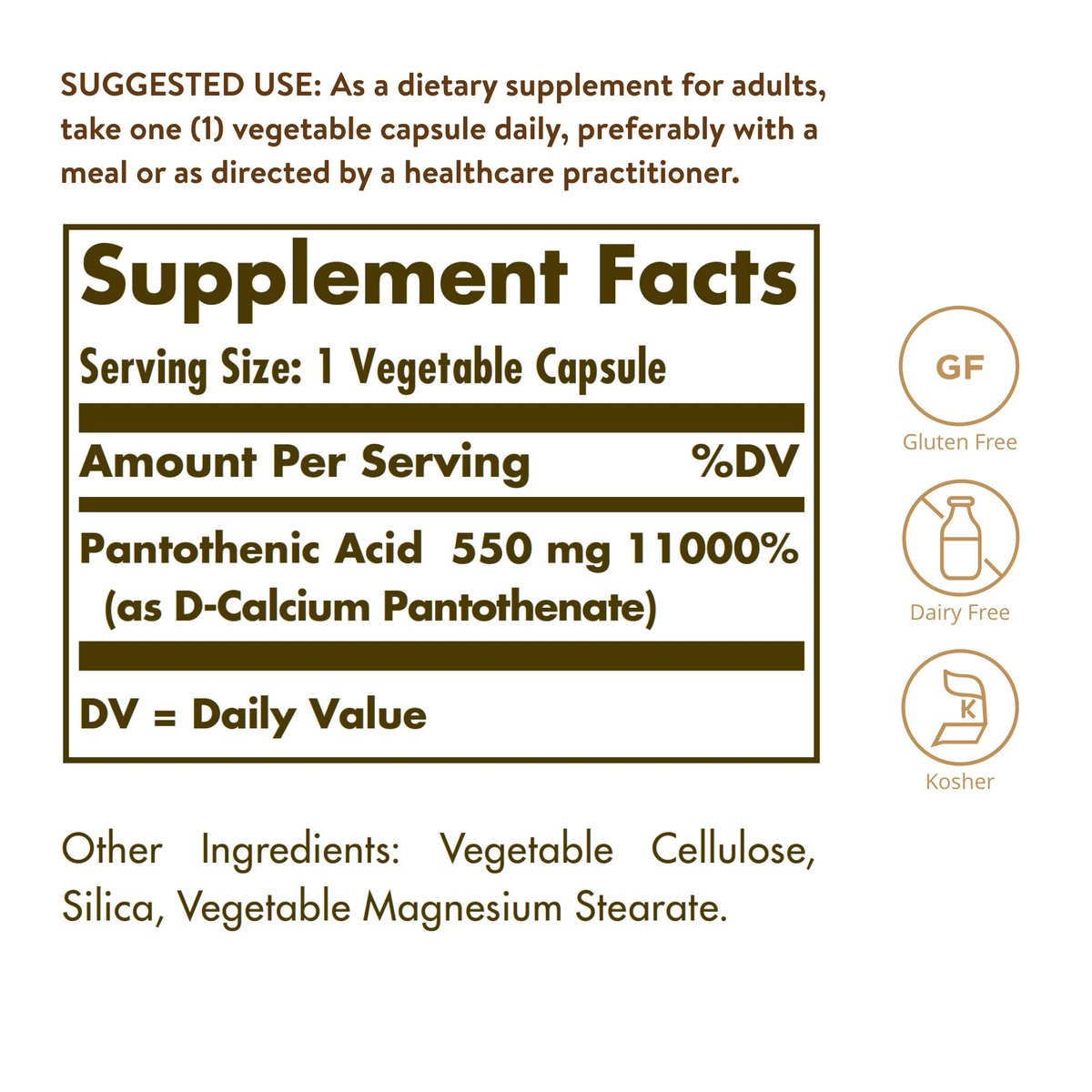 Solgar Pantothensäure 550 mg – Vitamin B5 Kapseln für Energiestoffwechsel und Nervensystem, 100 Stück, glutenfrei, laktosefrei, koscher