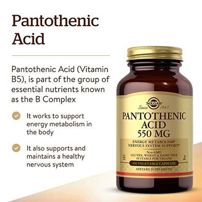Solgar Pantothensäure 550 mg – Vitamin B5 Kapseln für Energiestoffwechsel und Nervensystem, 100 Stück, glutenfrei, laktosefrei, koscher