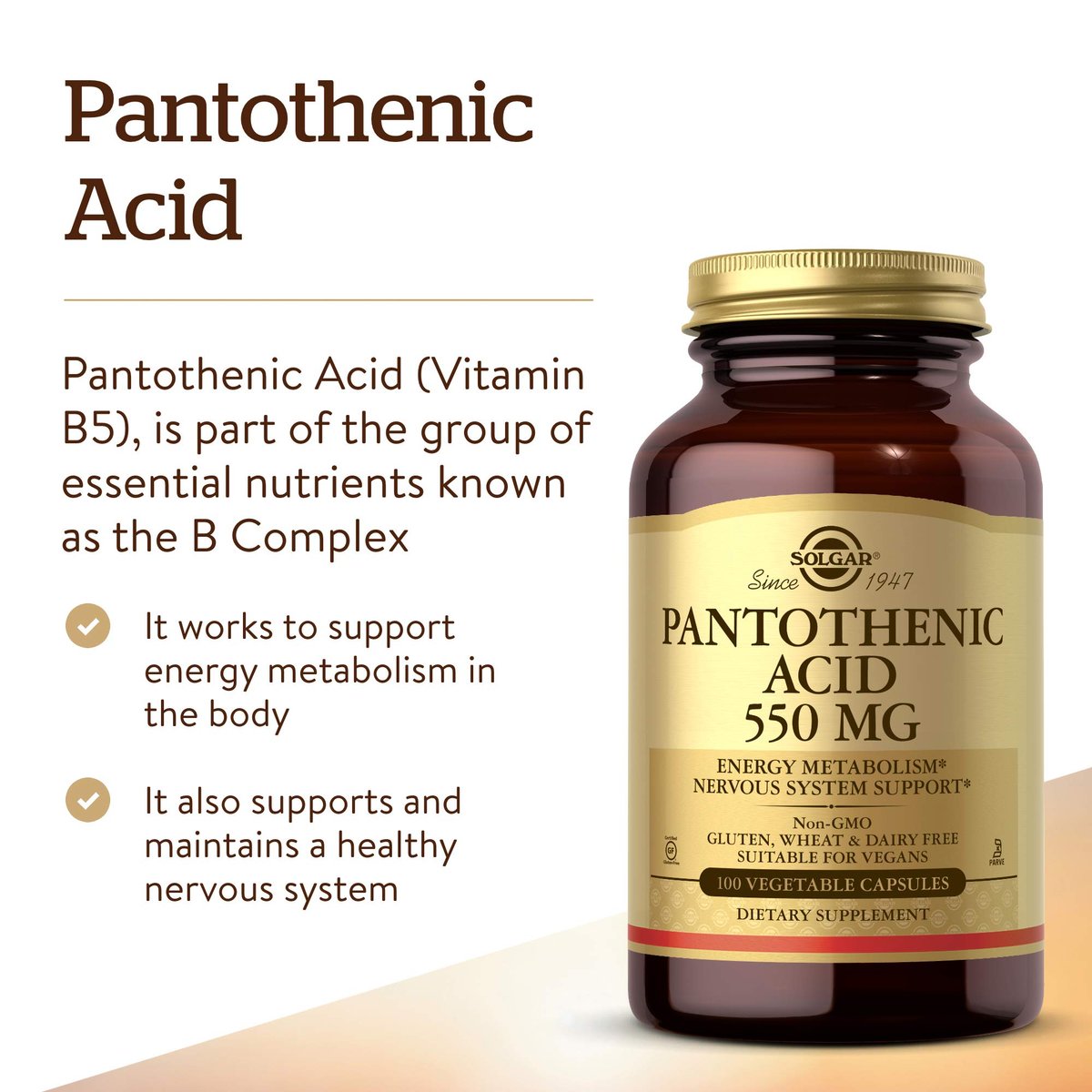 Solgar Pantothensäure 550 mg – Vitamin B5 Kapseln für Energiestoffwechsel und Nervensystem, 100 Stück, glutenfrei, laktosefrei, koscher