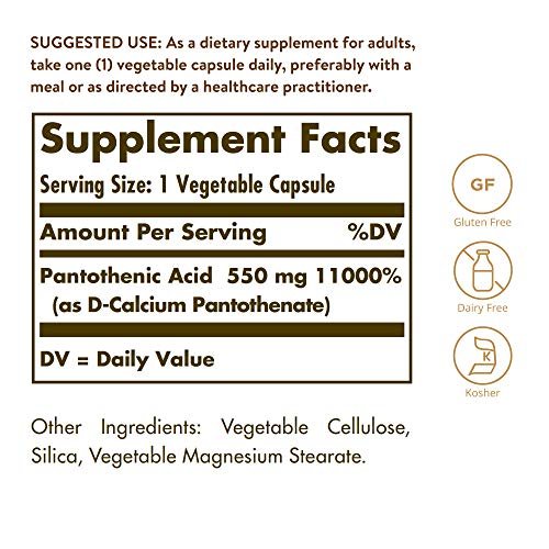 Solgar Pantothensäure 550 mg – Vitamin B5 Kapseln für Energiestoffwechsel und Nervensystem, 100 Stück, glutenfrei, laktosefrei, koscher