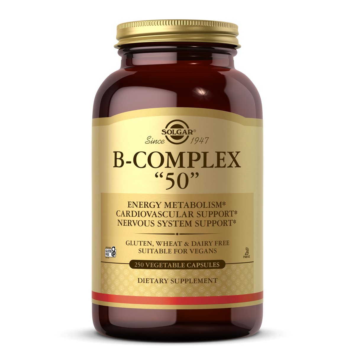 Solgar B-Complex „50“, 250 Vegane Kapseln – Energie, Herz & Nerven – Non-GMO, Glutenfrei, Laktosefrei, Koscher – 250 Portionen