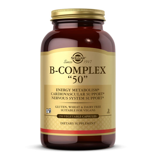 Solgar B-Complex „50“, 250 Vegane Kapseln – Energie, Herz & Nerven – Non-GMO, Glutenfrei, Laktosefrei, Koscher – 250 Portionen