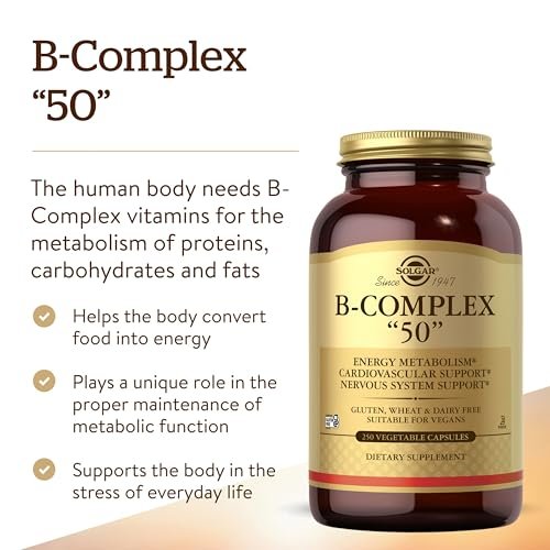 Solgar B-Complex „50“, 250 Vegane Kapseln – Energie, Herz & Nerven – Non-GMO, Glutenfrei, Laktosefrei, Koscher – 250 Portionen