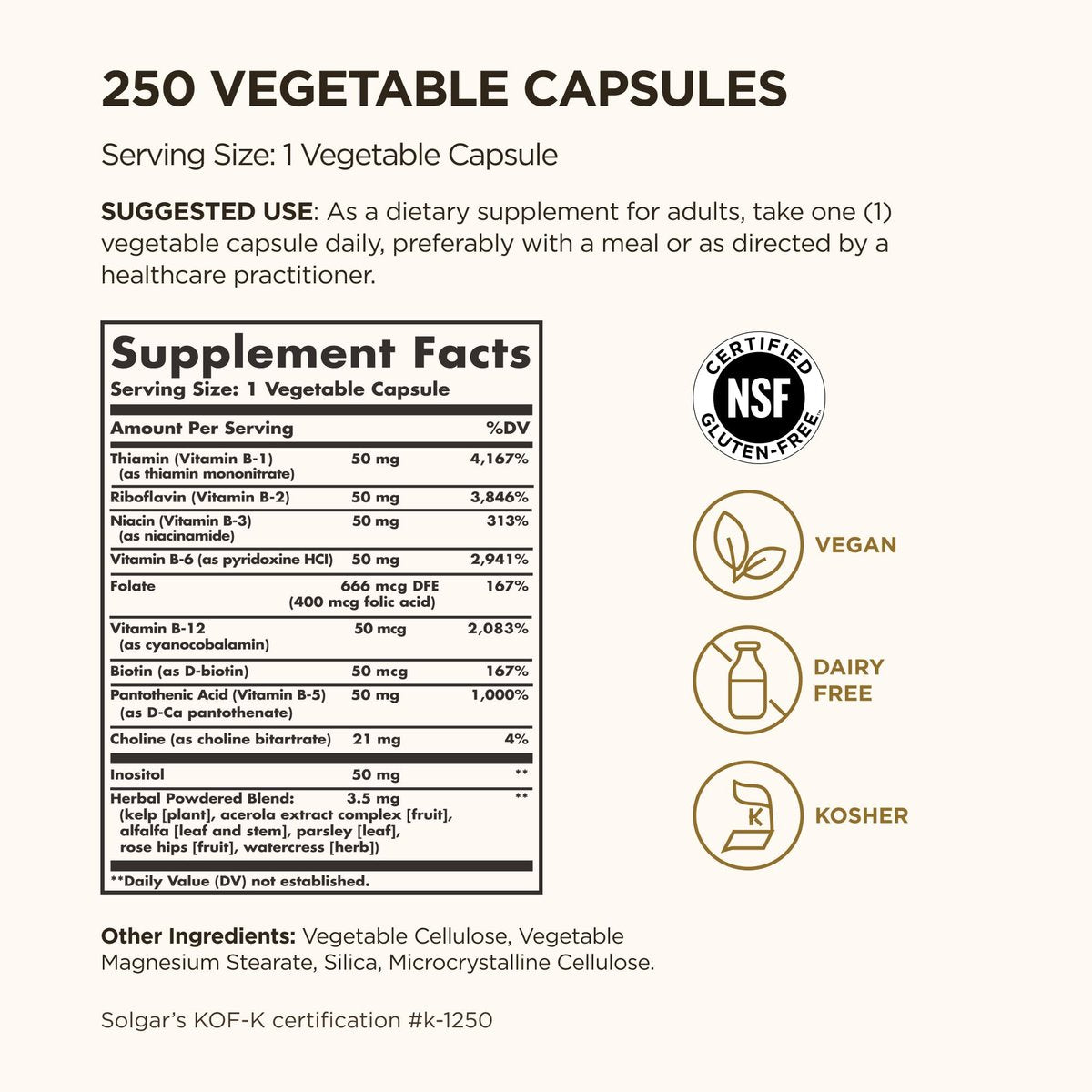 Solgar B-Complex „50“, 250 Vegane Kapseln – Energie, Herz & Nerven – Non-GMO, Glutenfrei, Laktosefrei, Koscher – 250 Portionen