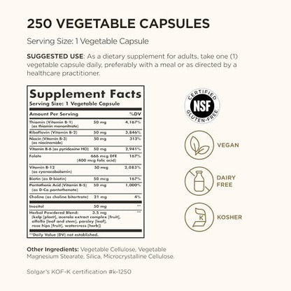 Solgar B-Complex „50“, 250 Vegane Kapseln – Energie, Herz & Nerven – Non-GMO, Glutenfrei, Laktosefrei, Koscher – 250 Portionen