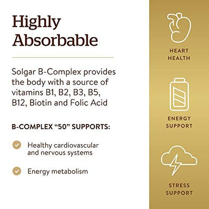 Solgar B-Complex „50“, 250 Vegane Kapseln – Energie, Herz & Nerven – Non-GMO, Glutenfrei, Laktosefrei, Koscher – 250 Portionen