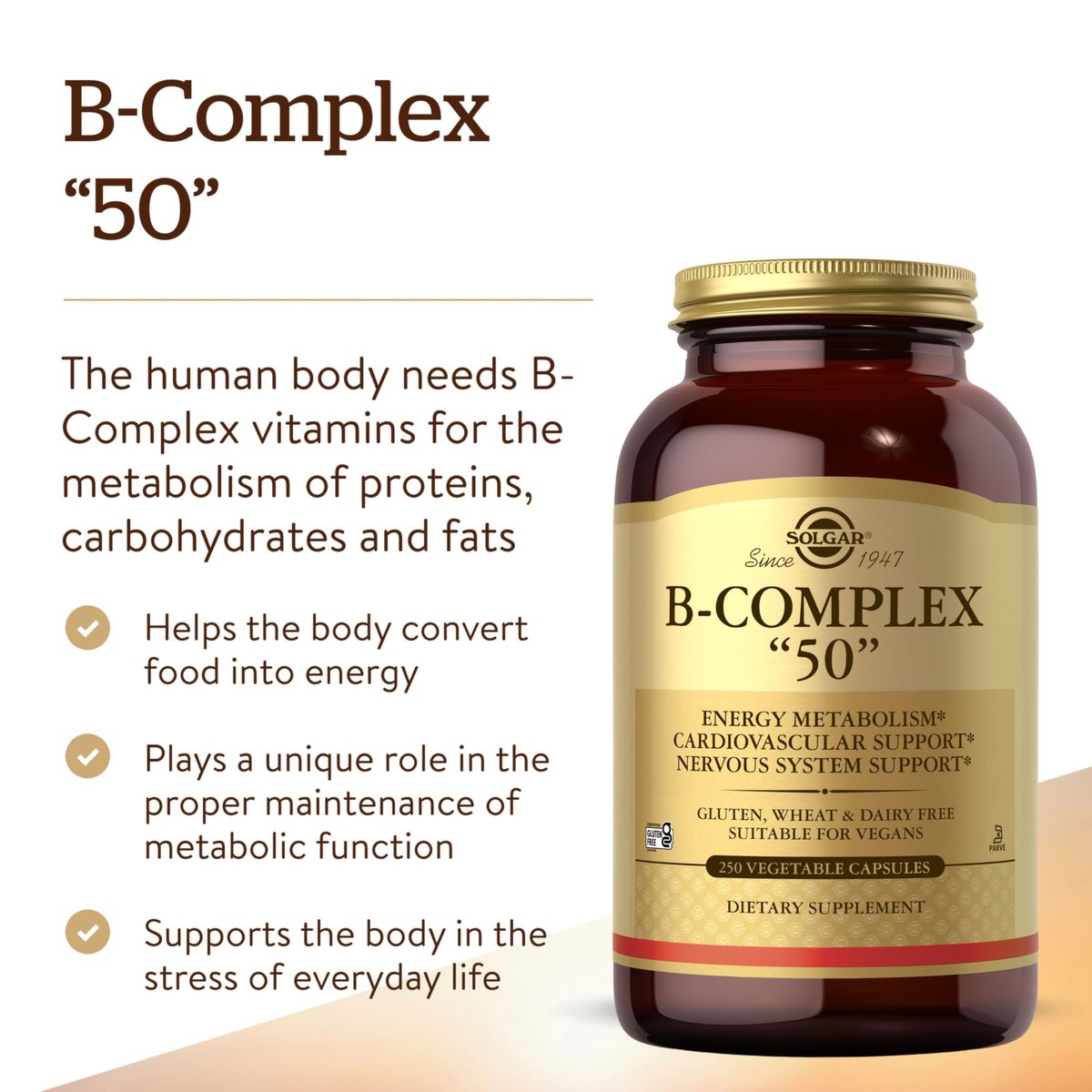 Solgar B-Complex „50“, 250 Vegane Kapseln – Energie, Herz & Nerven – Non-GMO, Glutenfrei, Laktosefrei, Koscher – 250 Portionen