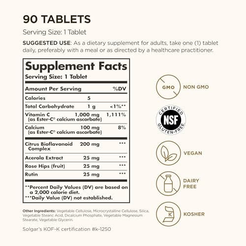 Solgar Ester-C Plus 1000 mg Vitamin C (Ascorbat-Komplex), 90 Tabletten - Magenfreundlich & Nicht Sauer - Antioxidans & Immunsystem-Unterstützung - Vegan, Glutenfrei, Koscher