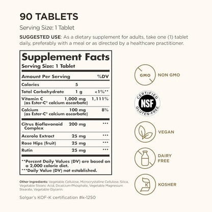 Solgar Ester-C Plus 1000 mg Vitamin C (Ascorbat-Komplex), 90 Tabletten - Magenfreundlich & Nicht Sauer - Antioxidans & Immunsystem-Unterstützung - Vegan, Glutenfrei, Koscher