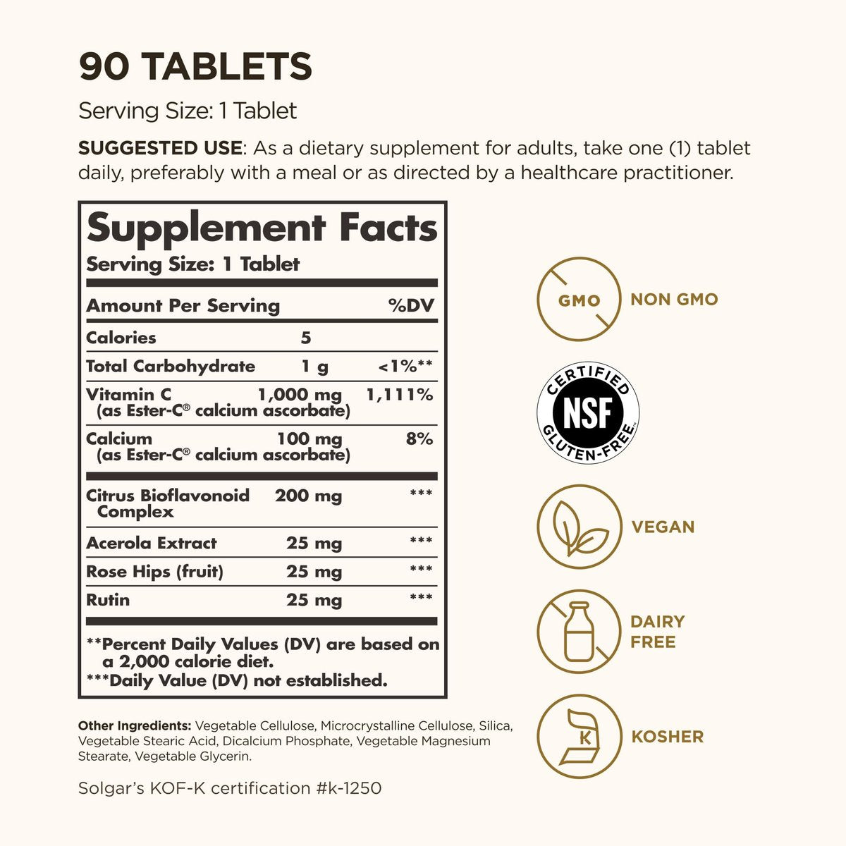Solgar Ester-C Plus 1000 mg Vitamin C (Ascorbat-Komplex), 90 Tabletten - Magenfreundlich & Nicht Sauer - Antioxidans & Immunsystem-Unterstützung - Vegan, Glutenfrei, Koscher