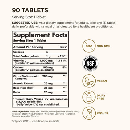 Solgar Ester-C Plus 1000 mg Vitamin C (Ascorbat-Komplex), 90 Tabletten - Magenfreundlich & Nicht Sauer - Antioxidans & Immunsystem-Unterstützung - Vegan, Glutenfrei, Koscher