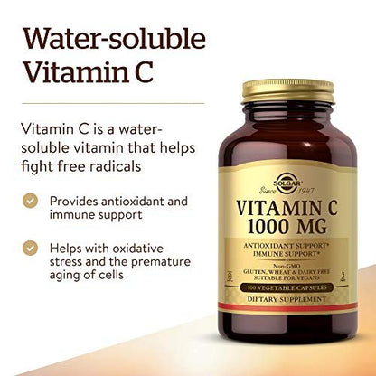 Solgar Vitamin C 1000 mg – 100 vegane Kapseln – Antioxidans & Immununterstützung – für allgemeines Wohlbefinden, gesunde Haut & Gelenke – mit Bioflavonoiden – Non-GMO, glutenfrei, koscher – 100 Portionen