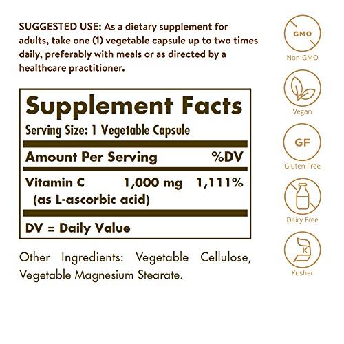 Solgar Vitamin C 1000 mg – 100 vegane Kapseln – Antioxidans & Immununterstützung – für allgemeines Wohlbefinden, gesunde Haut & Gelenke – mit Bioflavonoiden – Non-GMO, glutenfrei, koscher – 100 Portionen