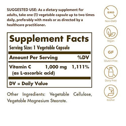 Solgar Vitamin C 1000 mg – 100 vegane Kapseln – Antioxidans & Immununterstützung – für allgemeines Wohlbefinden, gesunde Haut & Gelenke – mit Bioflavonoiden – Non-GMO, glutenfrei, koscher – 100 Portionen