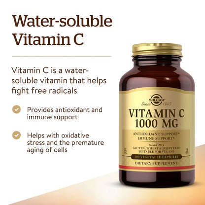 Solgar Vitamin C 1000 mg – 100 vegane Kapseln – Antioxidans & Immununterstützung – für allgemeines Wohlbefinden, gesunde Haut & Gelenke – mit Bioflavonoiden – Non-GMO, glutenfrei, koscher – 100 Portionen