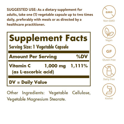 Solgar Vitamin C 1000 mg – 100 vegane Kapseln – Antioxidans & Immununterstützung – für allgemeines Wohlbefinden, gesunde Haut & Gelenke – mit Bioflavonoiden – Non-GMO, glutenfrei, koscher – 100 Portionen