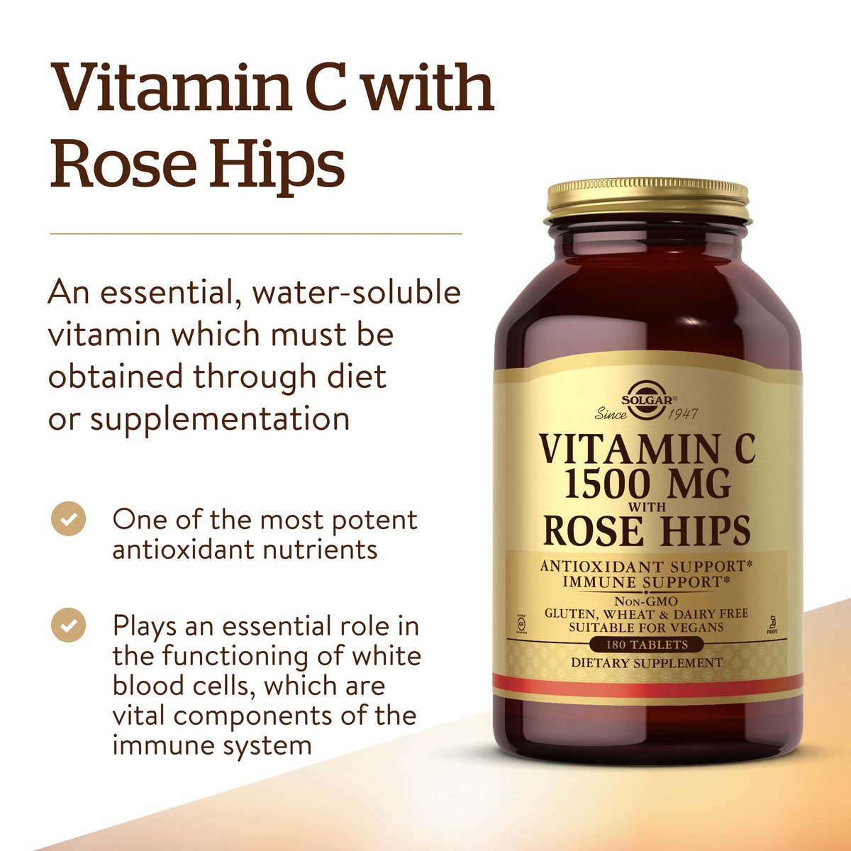 Solgar Vitamin C 1500 mg mit Hagebutte, 180 Tabletten - Antioxidans & Immununterstützung - Gesamtwohlbefinden - Unterstützt gesunde Haut & Gelenke - Non GMO, Vegan, Glutenfrei, Laktosefrei, Koscher - 180 Portionen