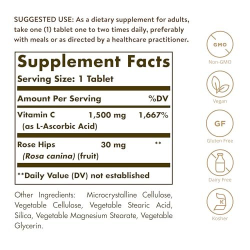 Solgar Vitamin C 1500 mg mit Hagebutte, 180 Tabletten - Antioxidans & Immununterstützung - Gesamtwohlbefinden - Unterstützt gesunde Haut & Gelenke - Non GMO, Vegan, Glutenfrei, Laktosefrei, Koscher - 180 Portionen