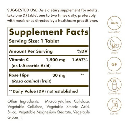 Solgar Vitamin C 1500 mg mit Hagebutte, 180 Tabletten - Antioxidans & Immununterstützung - Gesamtwohlbefinden - Unterstützt gesunde Haut & Gelenke - Non GMO, Vegan, Glutenfrei, Laktosefrei, Koscher - 180 Portionen
